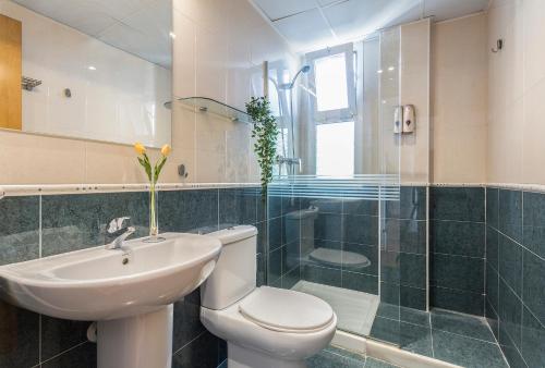 y baño con aseo, lavabo y ducha. en Ático Terrazas Piscina Parking 3 Rooms 2 Baños, en Jerez de la Frontera