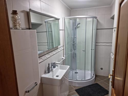 een badkamer met een douche en een wastafel bij ZARA BEAUTY in Kožino