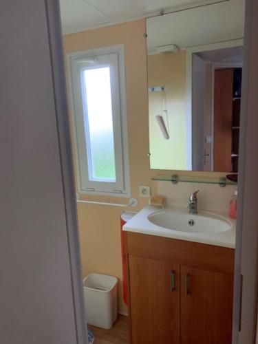 a bathroom with a sink and a mirror and a toilet at Mobilhome (29) 4 pers St Martin aux Buneaux in Saint-Martin-aux-Buneaux