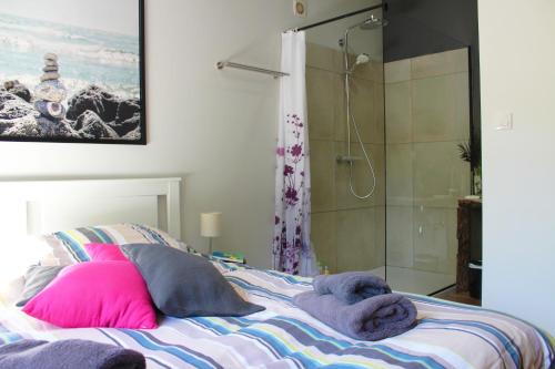 1 dormitorio con cama con almohadas rosas y ducha en Chez Madame Irma en Aywaille
