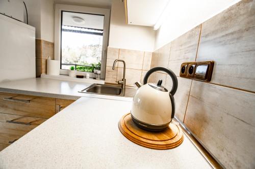 a tea kettle sitting on a counter in a kitchen at Chata73 in Nový Hrádek