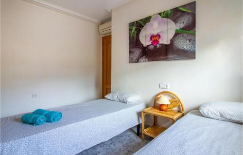 サンタ・ポラにあるAmazing Home In Gran Alacant With Jacuzzi, Wifi And Swimming Poolの壁に絵が描かれた客室で、ツインベッド2台が備わります。