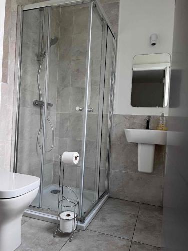 a bathroom with a shower and a toilet and a sink at Caledonia Place in Aviemore