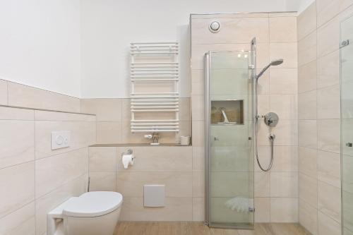 a bathroom with a toilet and a glass shower at Landhaus am See Appartement LH 05 in Schwangau