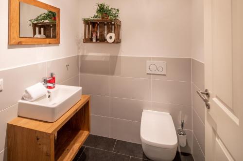 a bathroom with a white sink and a toilet at Chalet am Breitenberg Appartement CB 08 in Pfronten