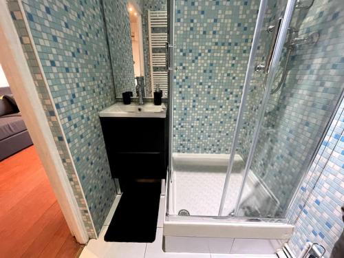 een badkamer met een douche en een wastafel bij Logement très cosy en plein centre-ville in Saint-Cyr-lʼÉcole
