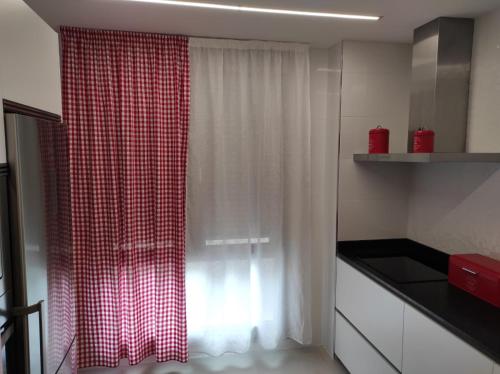 a kitchen with a red and white checkered shower curtain at Casa en piedra (Stone House) in Porriño