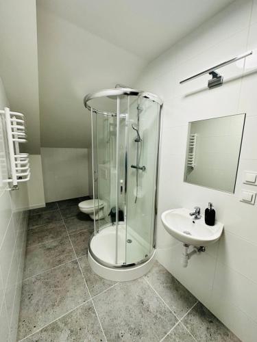a bathroom with a glass shower and a sink at Apartamenty Route 65 in Grabówka