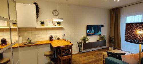 a kitchen and living room with a sink and a counter at Zebra in Wrocław