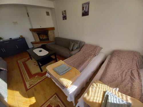 una sala de estar con dos camas y un sofá en Ljupki studio apartman sa kaminom, en Jahorina