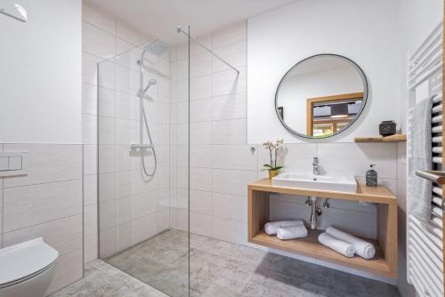 フューゲンにあるLottis Dahuamのシャワー、洗面台、鏡を備えたバスルーム