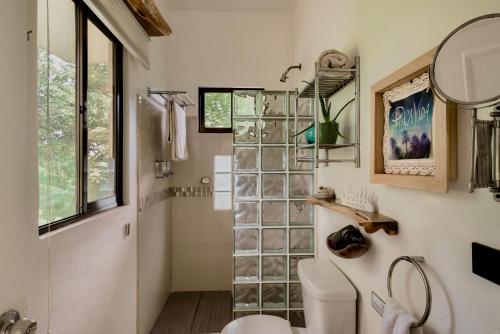 łazienka z toaletą i szklaną ścianą w obiekcie Tamarindo Sunshine w mieście Tamarindo