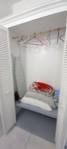 a closet with a shelf with a pillow on it at Cozy vacation retreat with free parking in Roseau