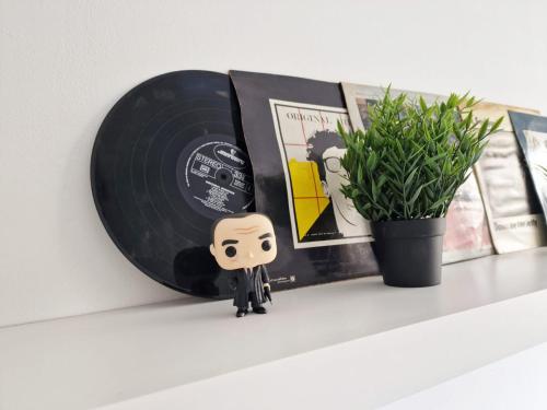 un disque vinylique et un jouet sur une étagère avec une plante dans l'établissement GregBnb - Studio Design 25m2 - Ascenseur - WiFi - 10Min Gare, à Toulon
