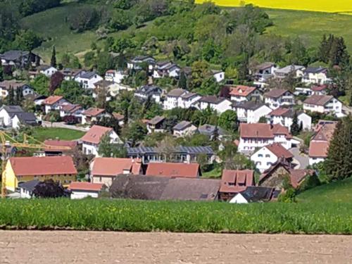 een klein stadje met huizen op een heuvel bij Blick ins Wutachtal in Wutöschingen
