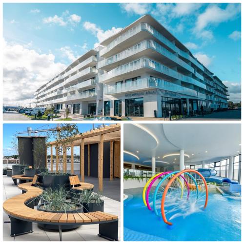 a collage of pictures of a building and a water slide at POLANKI AQUA Apartamenty PREMIUM - w cenie nielimitowany dostęp do strefy Aqua in Kołobrzeg