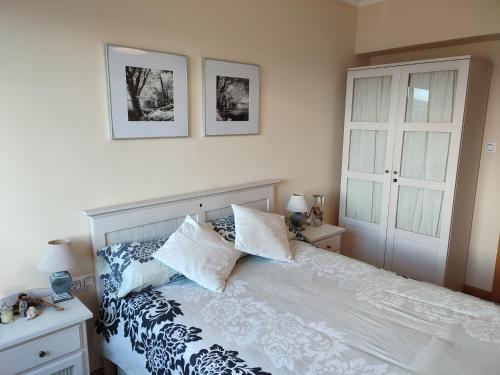 1 dormitorio con 1 cama con almohadas azules y blancas en Piso Prol, en Ourense