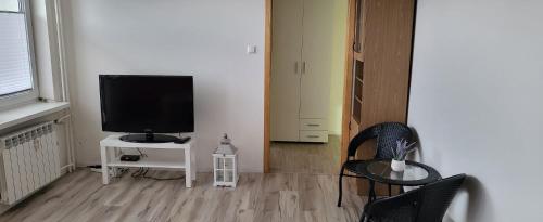 a living room with a television and a table with chairs at Apartament Busko-Zdrój - Franio in Busko-Zdrój