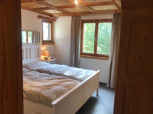 a bedroom with a large bed in front of a window at Chasa Tusa 2 in Scuol