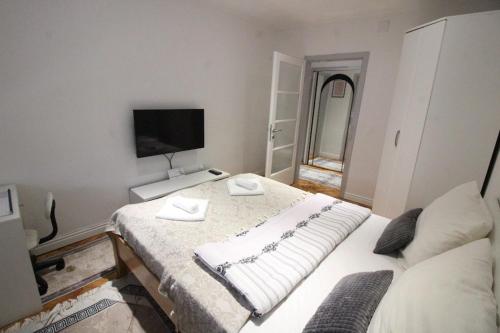 a bedroom with a bed and a tv on the wall at Dučić Apartment in Trebinje