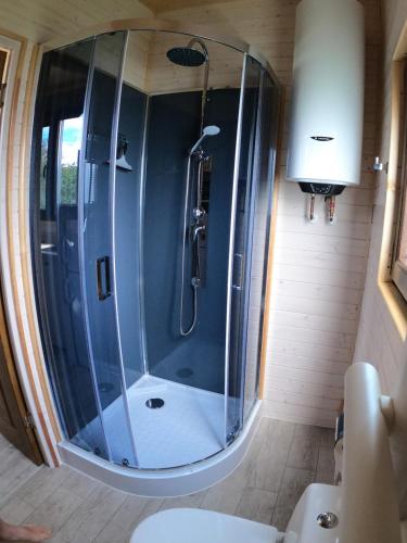 a shower in a bathroom with a glass shower at Tiny House Birner Ertl in Ertl