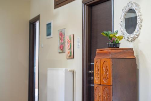 a wooden cabinet with a potted plant on top of it at Villa Seaside View in Volos