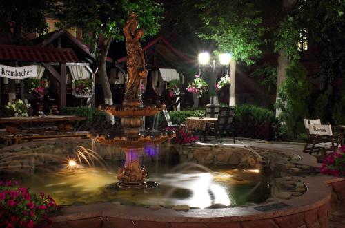 a fountain in the middle of a yard at night at Knaus Apartments in Chernivtsi