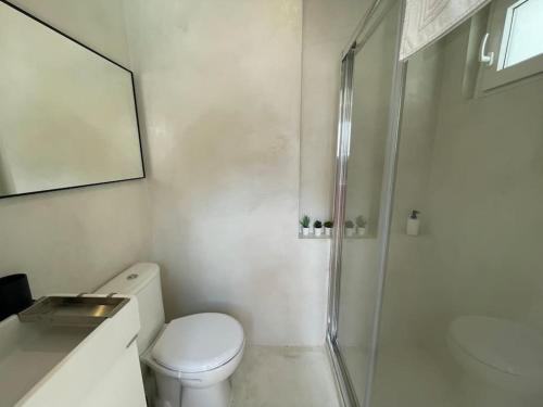 a white bathroom with a toilet and a shower at Sunny Studio 2 in Parede