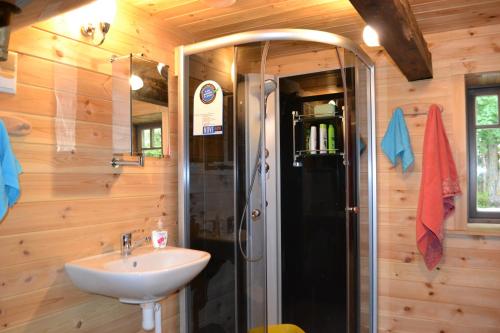 a bathroom with a shower and a sink at Kivi-Roosi Holiday House in Lümanda