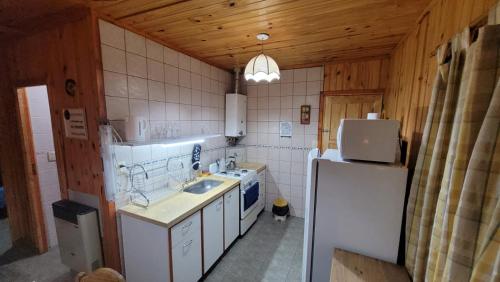 a small kitchen with a refrigerator and a sink at Cabañas de Montaña Tecta-Cher in Potrerillos