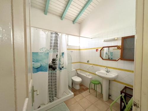 uma casa de banho com um chuveiro, um lavatório e um WC. em Appartement de 4 chambres avec piscine partagee jardin clos et wifi a Le Gosier a 1 km de la plage em Le Gosier