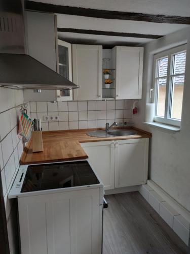 陶努斯山麓霍夫海姆的住宿－Apartment Hofheimer Altstadt，厨房配有白色橱柜和炉灶烤箱。