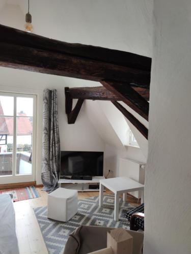 a living room with a couch and a tv at Apartment Hofheimer Altstadt in Hofheim am Taunus