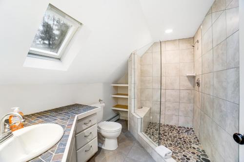a bathroom with a toilet and a sink and a shower at Willard Road Hideaway in Quechee