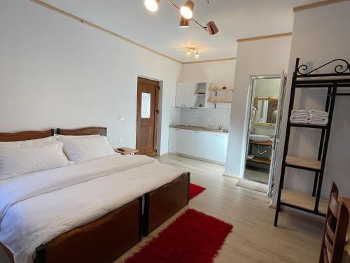 a bedroom with a large bed and a bathroom at Bujtina Liana Voskopoje in Voskopojë