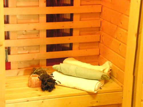 a sauna with two pillows on a wooden wall at Hotel Garni Gästehaus Karin in Sankt Stefan im Lavanttal