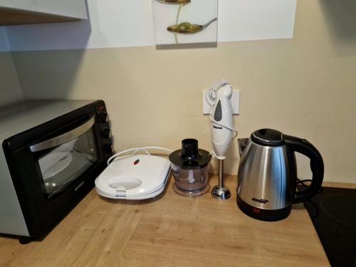 um balcão de cozinha com uma televisão, um liquidificador e comodidades para preparar café em Apartma GABER 125 - Rogla em Zrece