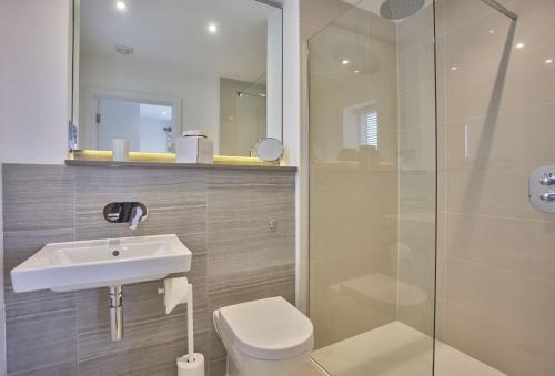 a bathroom with a toilet and a sink and a shower at 5 The Sands in Polzeath