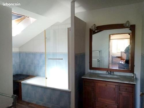 a bathroom with a sink and a mirror at Villa de 7 chambres avec piscine privee jardin amenage et wifi a Saint Jean de Marsacq in Saint-Jean-de-Marsacq