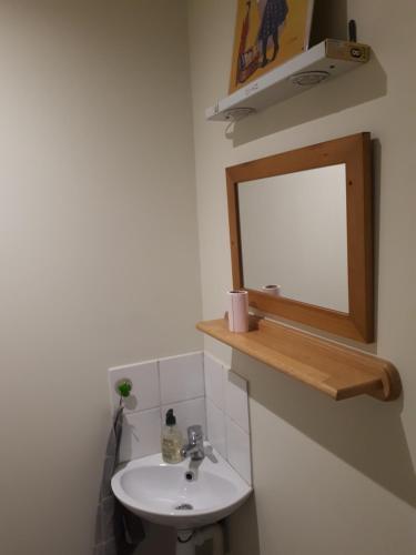 W łazience znajduje się umywalka i lustro. w obiekcie Le relais du TGV w mieście Montchanin