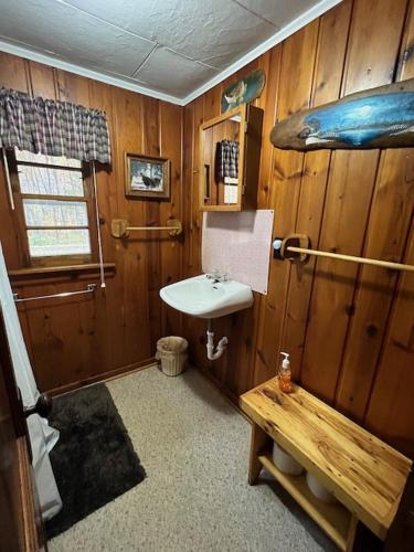 a bathroom with a sink and a wooden wall at Red Tree Resort LLC in Phillips