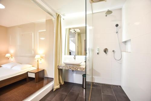 a bathroom with a sink and a shower at Leśny Dwór in Radom