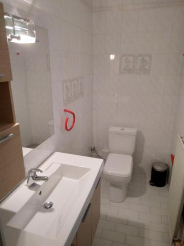 a bathroom with a white sink and a toilet at Villa in Panorama, Thessaloniki, with a swimming pool. Host: Mr. George in Thessaloniki