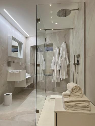 bagno con doccia, lavandino e specchio di O verso du Château - STUDIO 11 a Barr