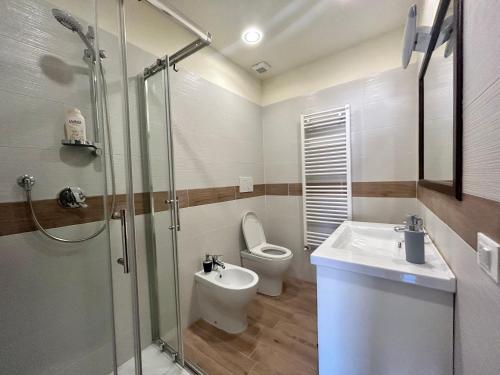 ein Bad mit einem WC, einem Waschbecken und einer Dusche in der Unterkunft Apartment Nel Centro Della Citta in Pistoia