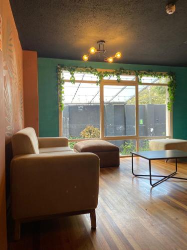 a living room with a couch and a table and a window at Blue house La Floresta in Quito