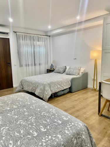 a bedroom with two beds and a couch at Estudio a 400 metros Ribera FREE PARKING in Córdoba