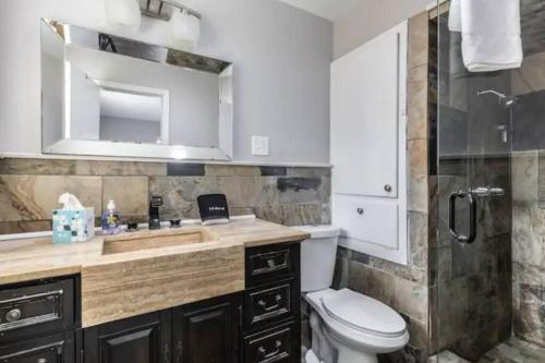 a bathroom with a sink and a toilet and a mirror at Convenient Home Near Airport in Fort Worth