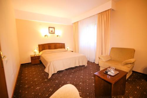 プレデアルにあるHotel Piatra Craiuluiのベッドと椅子付きのホテルルーム