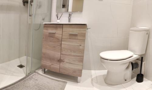 y baño con aseo, lavabo y ducha. en HABITACION CENTRAL EN BILBAO con WIFI 57 en Bilbao
